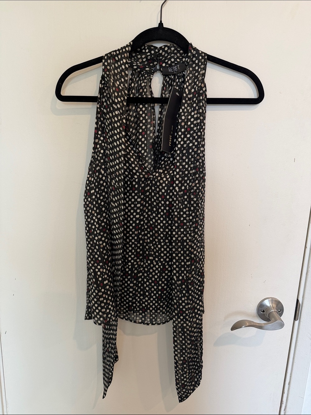 Reset By Jane Polka Dot Halter Blouse - Black with White & Pink Dots